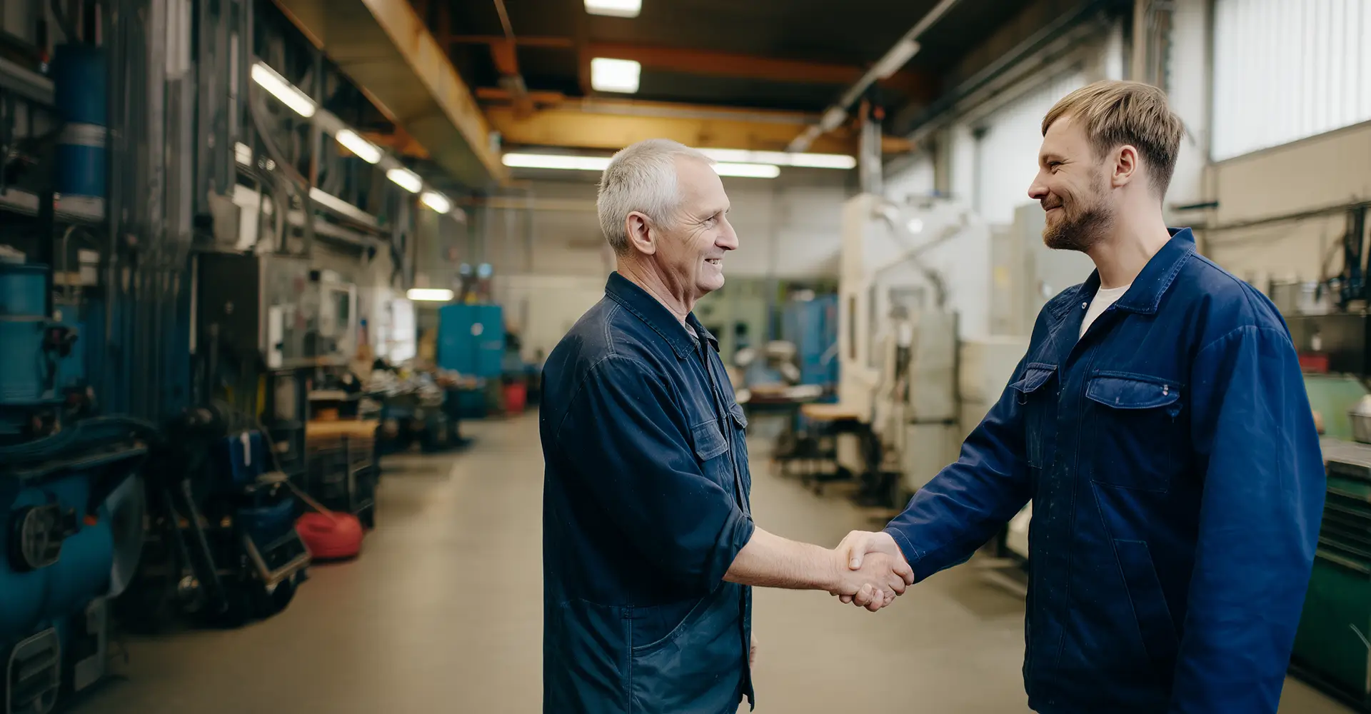 Zwei Männer geben sich in einer Werkstatt die Hand